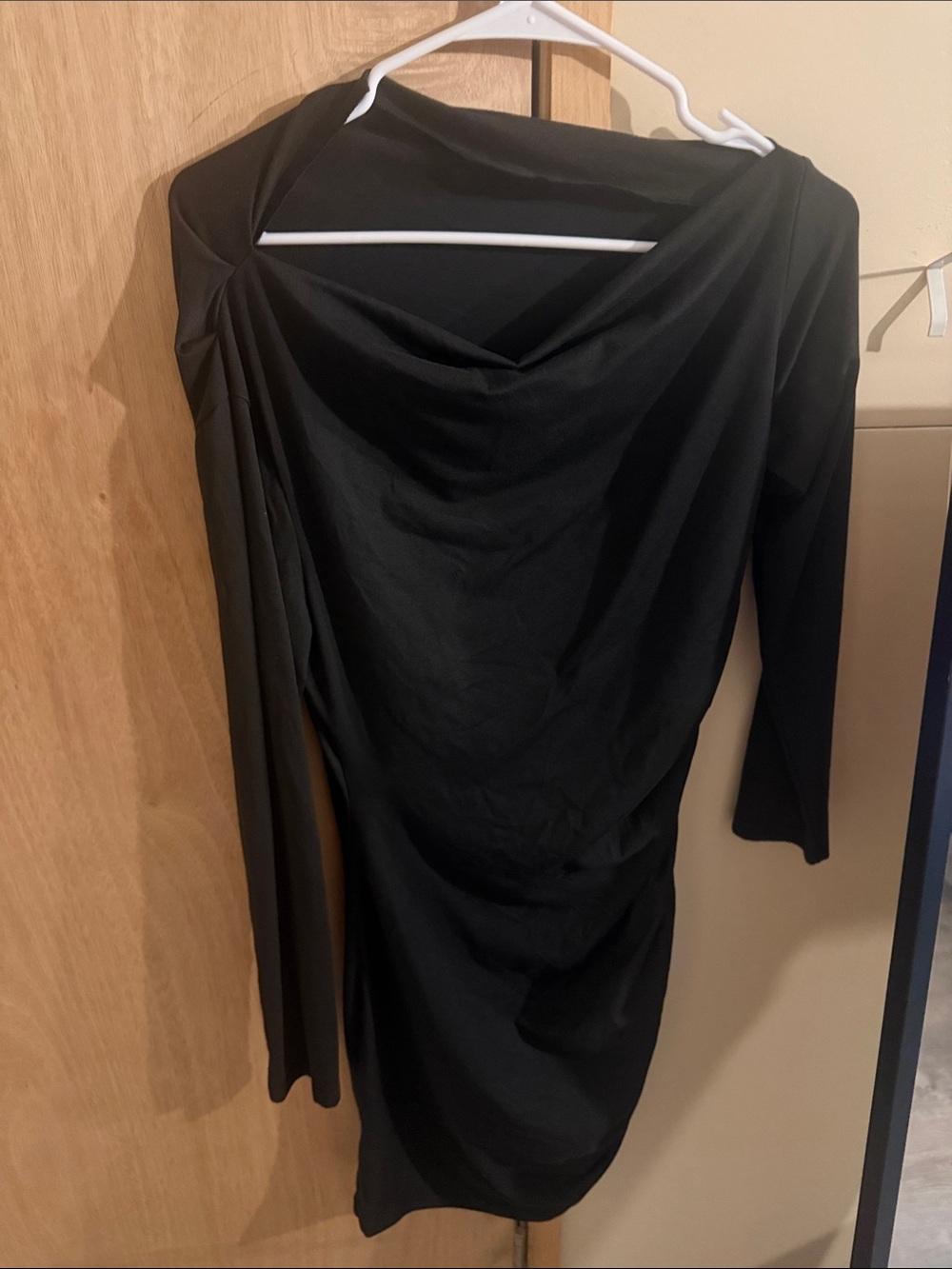 Black Draped Long-Sleeve Women's Dress
